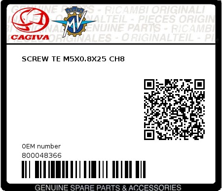 Product image: Cagiva - 800048366 - SCREW TE M5X0.8X25 CH8 