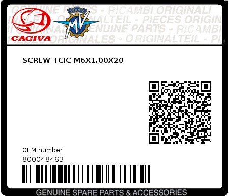 Product image: Cagiva - 800048463 - SCREW TCIC M6X1.00X20  0