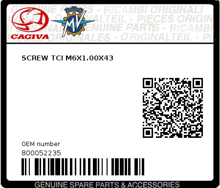 Product image: Cagiva - 800052235 - SCREW TCI M6X1.00X43 