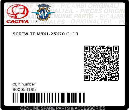 Product image: Cagiva - 800054195 - SCREW TE M8X1.25X20 CH13 