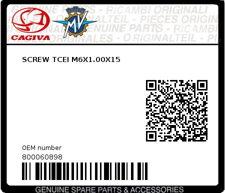 Product image: Cagiva - 800060898 - SCREW TCEI M6X1.00X15 