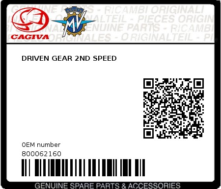 Product image: Cagiva - 800062160 - DRIVEN GEAR 2ND SPEED 