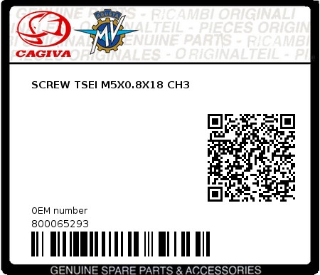 Product image: Cagiva - 800065293 - SCREW TSEI M5X0.8X18 CH3 