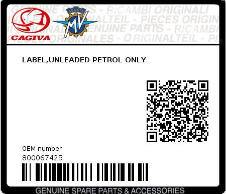 Product image: Cagiva - 800067425 - LABEL,UNLEADED PETROL ONLY 