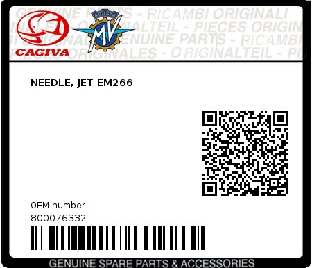 Product image: Cagiva - 800076332 - NEEDLE, JET EM266 