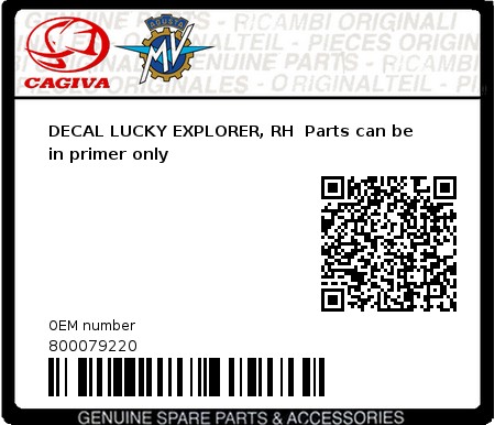 Product image: Cagiva - 800079220 - DECAL LUCKY EXPLORER, RH  Parts can be in primer only  0