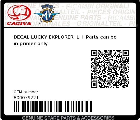 Product image: Cagiva - 800079221 - DECAL LUCKY EXPLORER, LH  Parts can be in primer only  0