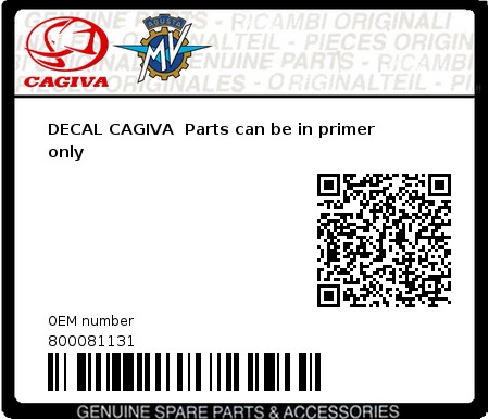 Product image: Cagiva - 800081131 - DECAL CAGIVA  Parts can be in primer only  0