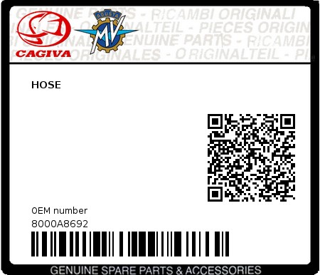 Product image: Cagiva - 8000A8692 - HOSE 