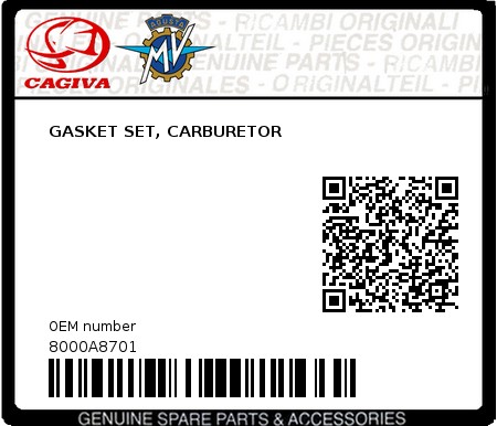 Product image: Cagiva - 8000A8701 - GASKET SET, CARBURETOR 