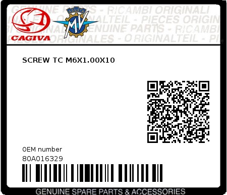 Product image: Cagiva - 80A016329 - SCREW TC M6X1.00X10  0