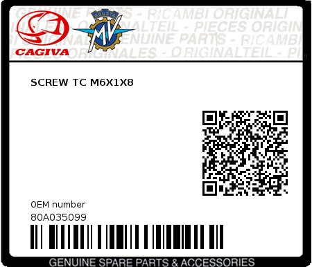 Product image: Cagiva - 80A035099 - SCREW TC M6X1X8  0