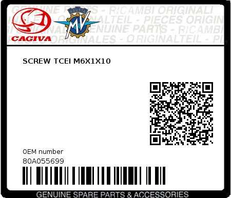 Product image: Cagiva - 80A055699 - SCREW TCEI M6X1X10 