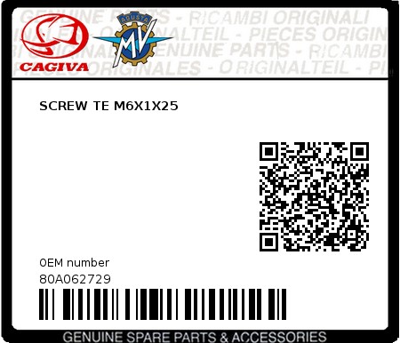 Product image: Cagiva - 80A062729 - SCREW TE M6X1X25  0