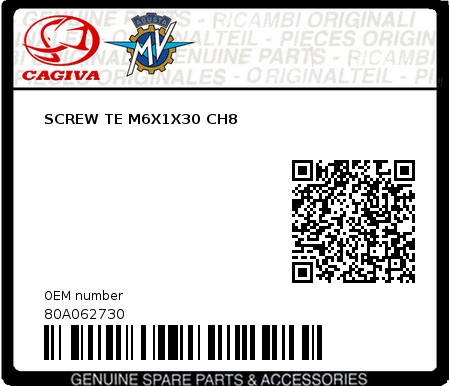 Product image: Cagiva - 80A062730 - SCREW TE M6X1X30 CH8  0