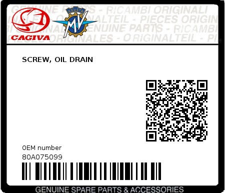 Product image: Cagiva - 80A075099 - SCREW, OIL DRAIN 