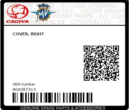 Product image: Cagiva - 80A087414 - COVER, RIGHT  0