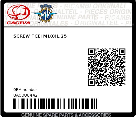 Product image: Cagiva - 8A0086442 - SCREW TCEI M10X1.25  0
