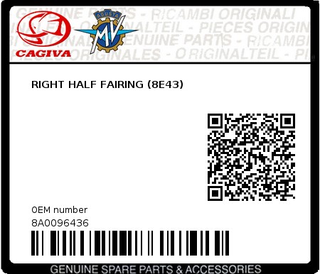 Product image: Cagiva - 8A0096436 - RIGHT HALF FAIRING (8E43)  0
