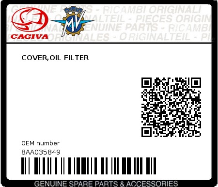 Product image: Cagiva - 8AA035849 - COVER,OIL FILTER  0