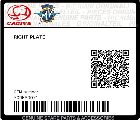 Product image: Cagiva - Y00FA0071 - RIGHT PLATE 