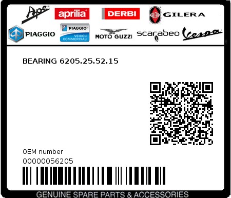 Product image: Piaggio - 00000056205 - BEARING 6205.25.52.15  0