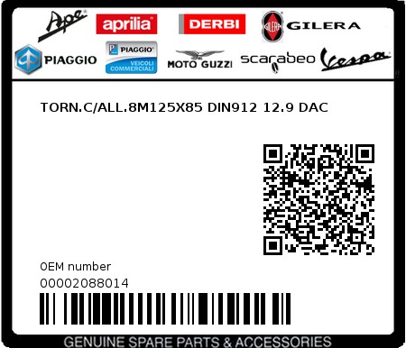 Product image: Piaggio - 00002088014 - TORN.C/ALL.8M125X85 DIN912 12.9 DAC  0