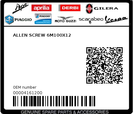 Product image: Piaggio - 00004161200 - ALLEN SCREW 6M100X12  0