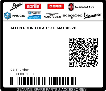 Product image: Piaggio - 00008062000 - ALLEN ROUND HEAD SCR.6M100X20  0