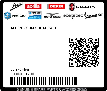 Product image: Piaggio - 00008081200 - ALLEN ROUND HEAD SCR  0