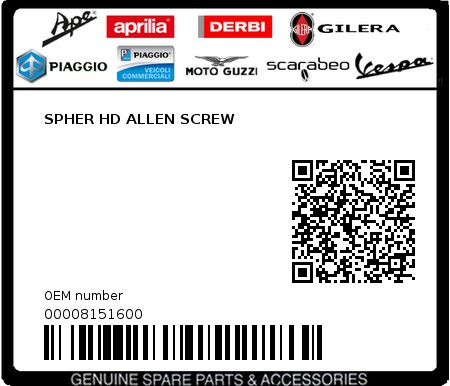 Product image: Piaggio - 00008151600 - SPHER HD ALLEN SCREW  0