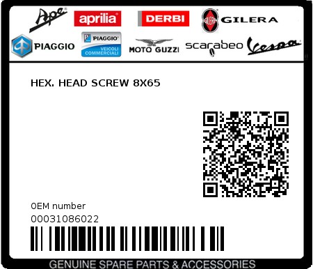 Product image: Piaggio - 00031086022 - HEX. HEAD SCREW 8X65  0