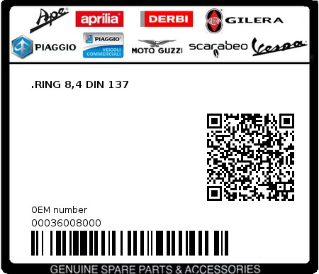 Product image: Piaggio - 00036008000 - .RING 8,4 DIN 137  0