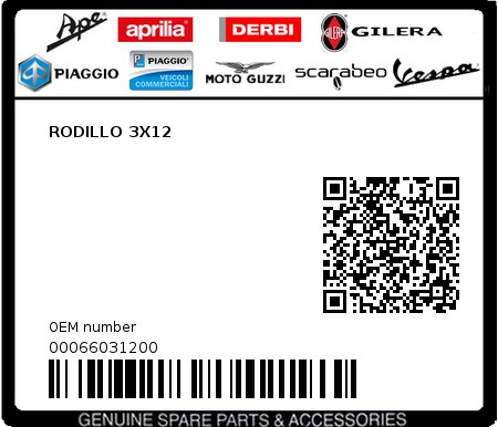 Product image: Piaggio - 00066031200 - RODILLO 3X12  0