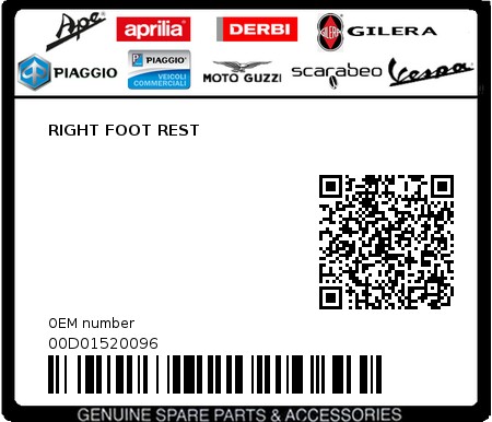 Product image: Piaggio - 00D01520096 - RIGHT FOOT REST  0