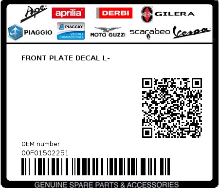 Product image: Piaggio - 00F01502251 - FRONT PLATE DECAL L-  0