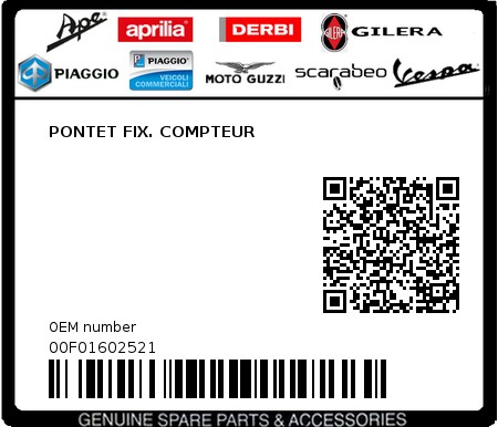 Product image: Piaggio - 00F01602521 - PONTET FIX. COMPTEUR  0