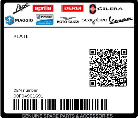 Product image: Piaggio - 00F04901691 - PLATE  0