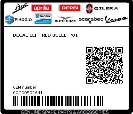 Product image: Piaggio - 00G00502641 - DECAL LEFT RED BULLET '01  0