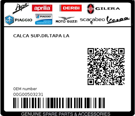 Product image: Piaggio - 00G00503231 - CALCA SUP.DR.TAPA LA  0