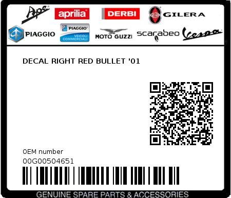 Product image: Piaggio - 00G00504651 - DECAL RIGHT RED BULLET '01  0