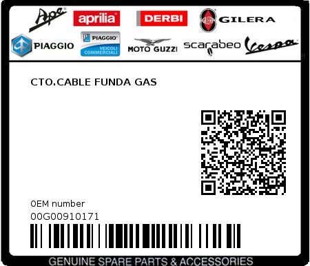 Product image: Piaggio - 00G00910171 - CTO.CABLE FUNDA GAS  0