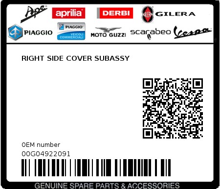 Product image: Piaggio - 00G04922091 - RIGHT SIDE COVER SUBASSY  0