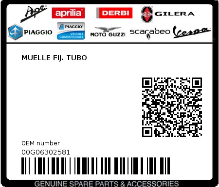 Product image: Piaggio - 00G06302581 - MUELLE FIJ. TUBO  0