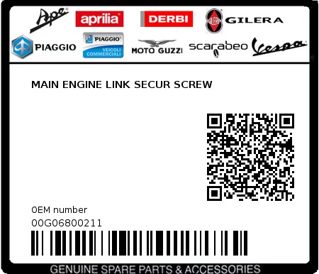 Product image: Piaggio - 00G06800211 - MAIN ENGINE LINK SECUR SCREW  0