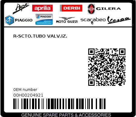 Product image: Piaggio - 00H00204921 - R-SCTO.TUBO VALV.IZ.  0