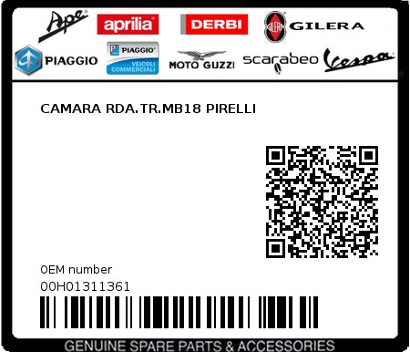 Product image: Piaggio - 00H01311361 - CAMARA RDA.TR.MB18 PIRELLI  0