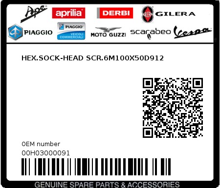 Product image: Piaggio - 00H03000091 - HEX.SOCK-HEAD SCR.6M100X50D912  0