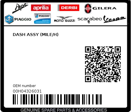 Product image: Piaggio - 00H04326031 - DASH ASSY (MILE/H)  0