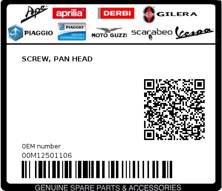 Product image: Piaggio - 00M12501106 - SCREW, PAN HEAD  0